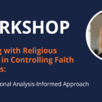 Workshop banner with big 'WORKSHOP' title, orange subtitle about religious trauma in controlling faith contexts, and speaker photo on the right.