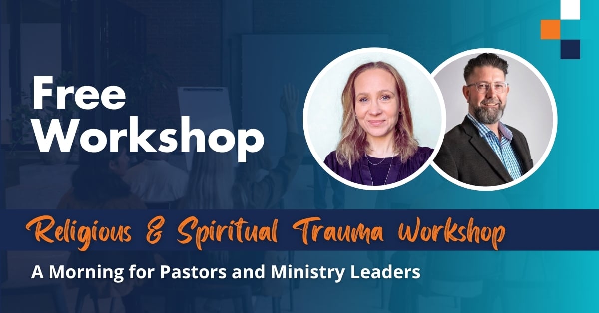 Banner for a Free Workshop: Religious & Spiritual Trauma Workshop for pastors and ministry leaders, featuring two speaker headshots on the right.