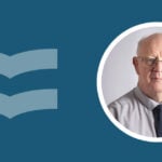 Profile header: circular portrait of an older man with glasses on the right, two abstract blue book icons on the left against teal background.