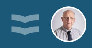 Profile header: circular portrait of an older man with glasses on the right, two abstract blue book icons on the left against teal background.